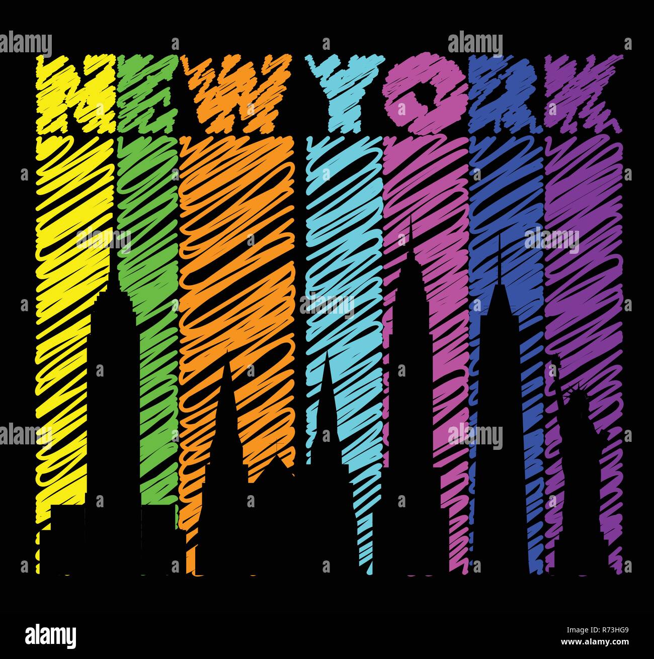 New York lettrage coloré. Scénario avec billet d'icônes sur fond coloré. Carte postale de voyage. Illustration de Vecteur