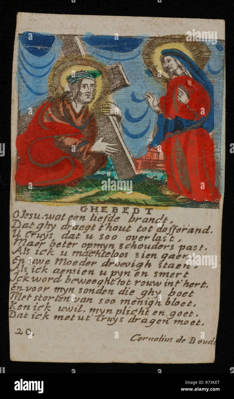 Cornelius de Boudt, Carte de prière avec l'image de Jésus portant la croix  et Simon van Cirene, tant avec halo, sous lui la prière en vers, la prière  imprimer gravure sur cuivre
