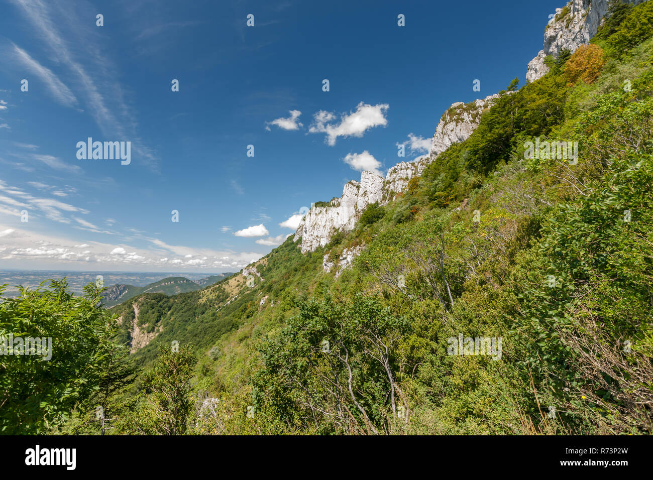 Le Vercors est situé entre Grenoble et Die et forme le pied des Alpes de la vallée du Rhône à l'ouest. La chaux typiques sont les roches qui towe Banque D'Images