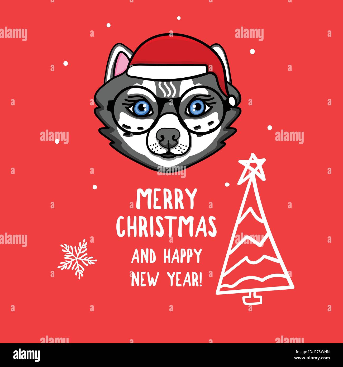 Loup vecteur personnage avec des lunettes. Joyeux Noël. Carte avec tête d'animal mignon isolé sur rouge. Maison de vacances design dessiné à la main Illustration de Vecteur
