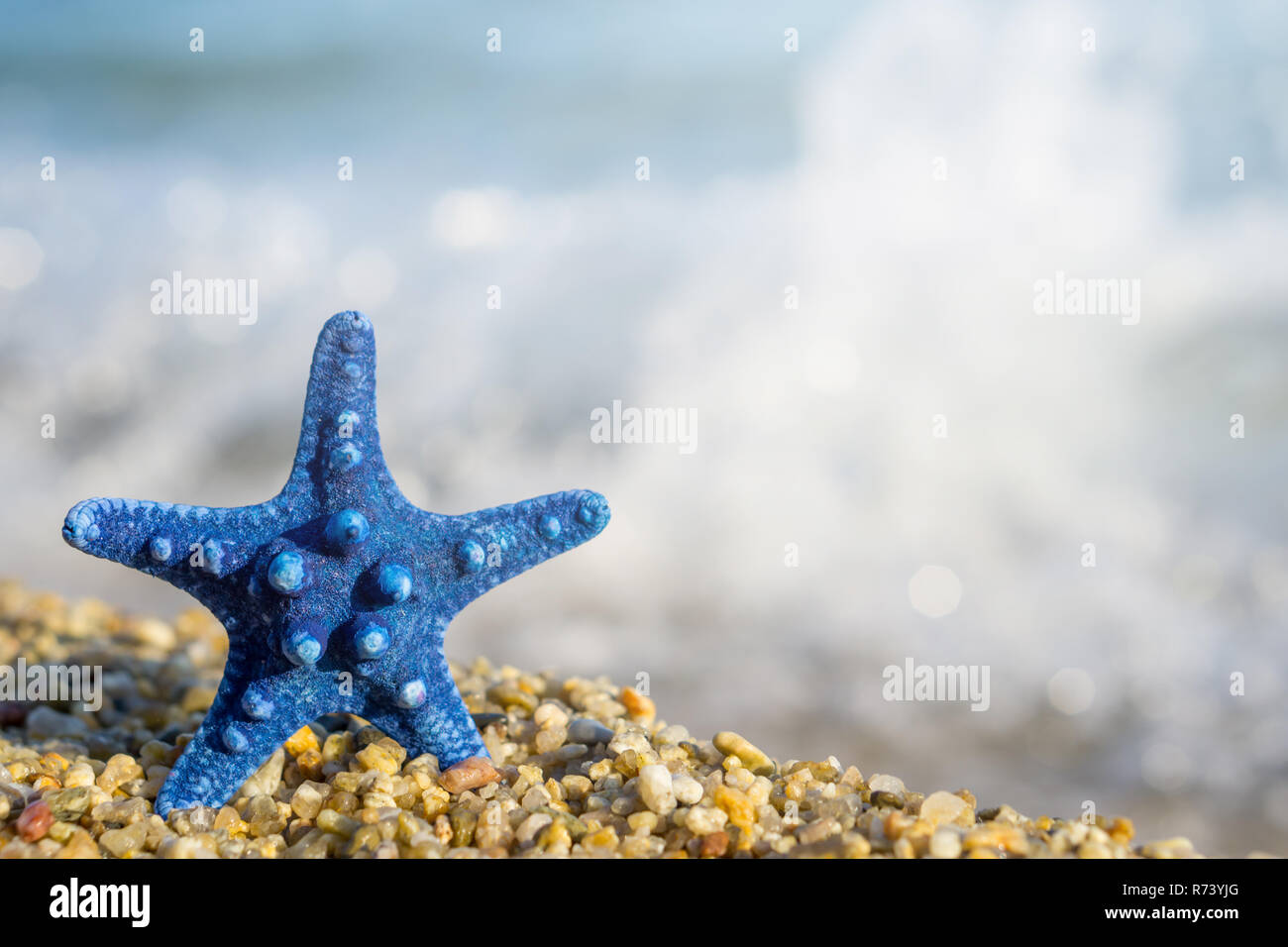 L'étoile bleue épinglée sur le sable à la plage. Bleu de la mer sur l'arrière-plan. Banque D'Images
