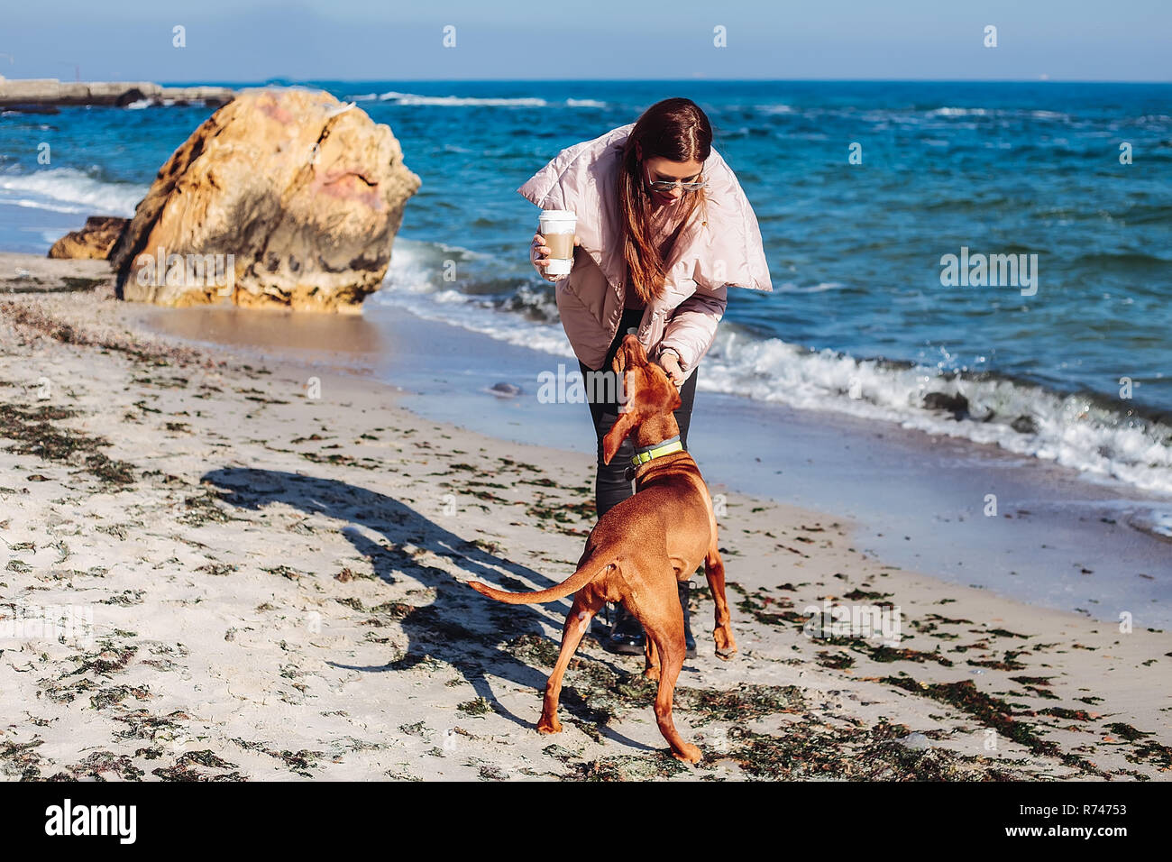 Mid adult woman on beach de flatter son chien, Odessa, Odeska oblast, Ukraine Banque D'Images
