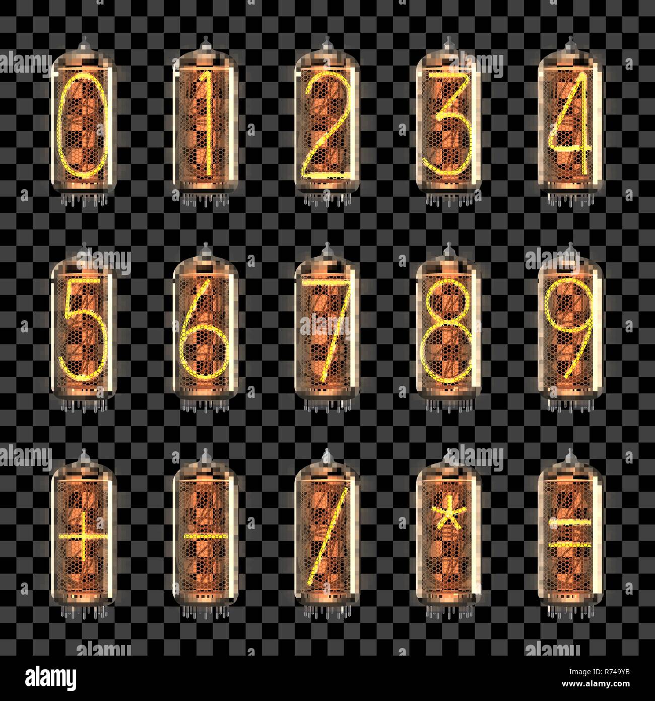 Les nombres et symboles mathématiques allumé sur tube Nixie de style rétro voyants, comprend la transparence. Vector illustration. Illustration de Vecteur