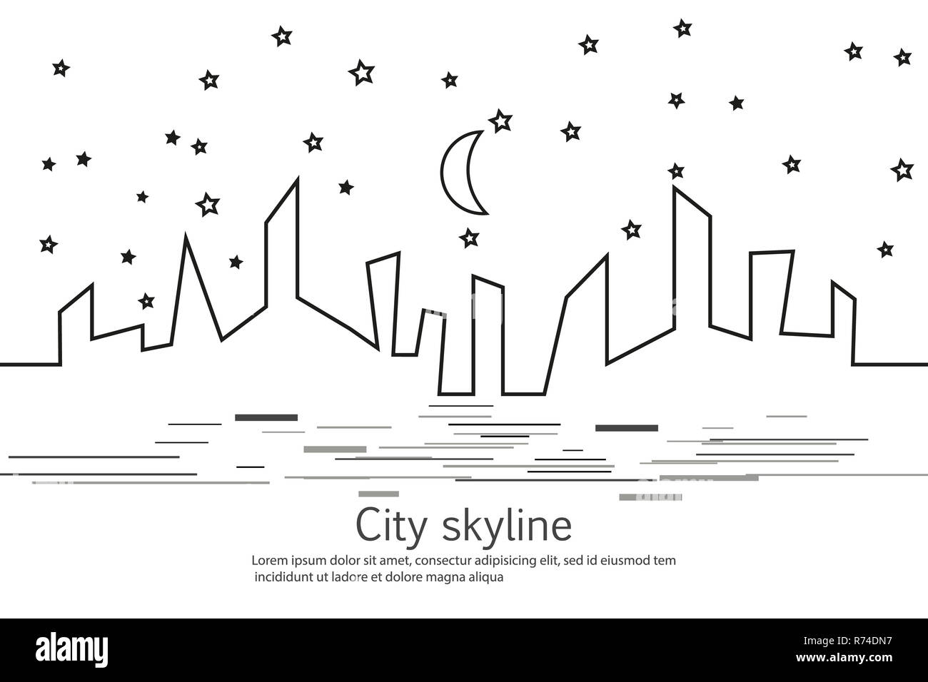 Silhouette de la ville et de l'Etoile et lune dans un style plat. Paysage urbain moderne. Illustrations vectorielles. Gratte-ciel immeuble bureau horizon.ligne continue le dessin. Ligne vectorielle. Les figures géométriques avec l'effet de motion Banque D'Images