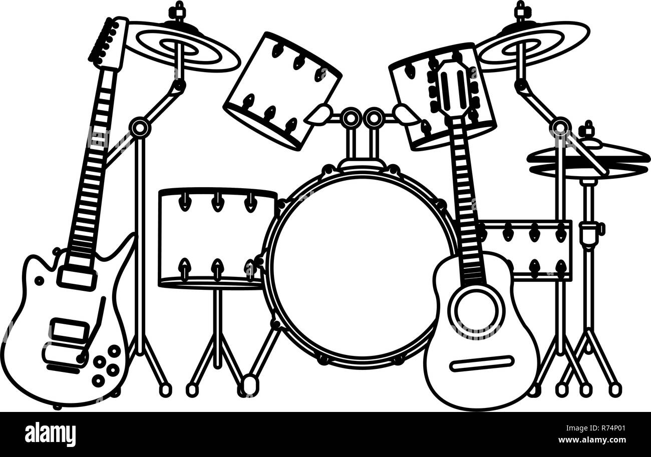 Ensemble d'instruments de musique noir et blanc Illustration de Vecteur