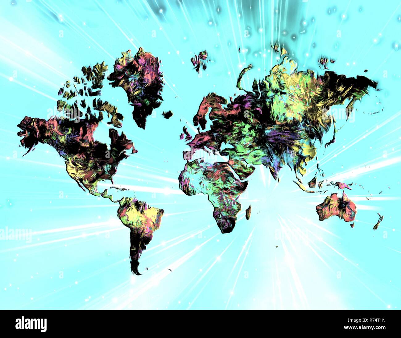 Peinture surréaliste. Carte du monde en couleurs. Banque D'Images