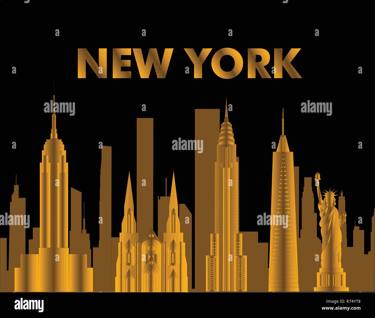 New York lettrage doré. Vecteur de déplacement et gratte-ciels icônes sur fond noir. Carte de voyage. Illustration de Vecteur