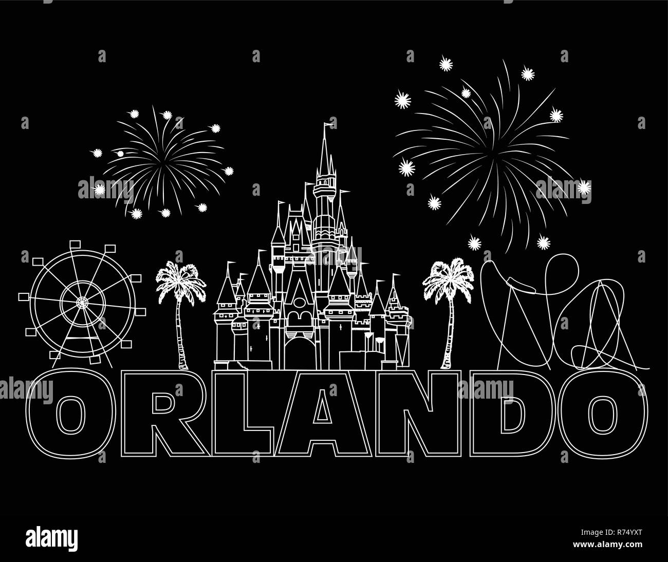 Orlando lettrage blanc sur fond noir . Scénario avec icônes de voyage et d'artifice. Carte postale de voyage. Illustration de Vecteur