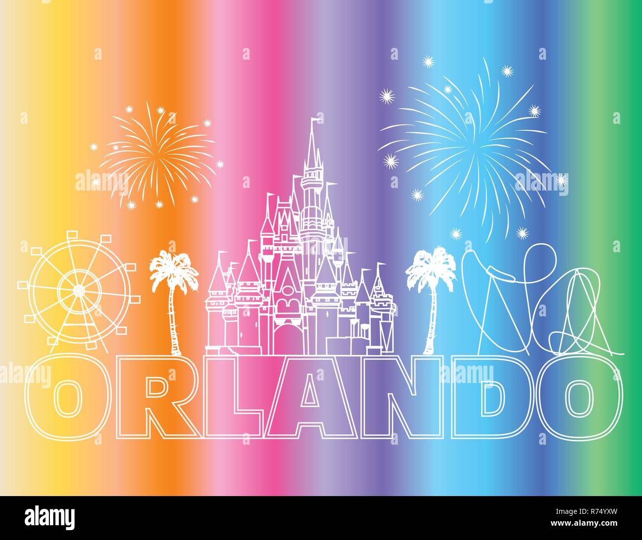 Orlando lettrage blanc sur fond coloré . Scénario avec icônes de voyage et d'artifice. Carte postale de voyage. Illustration de Vecteur