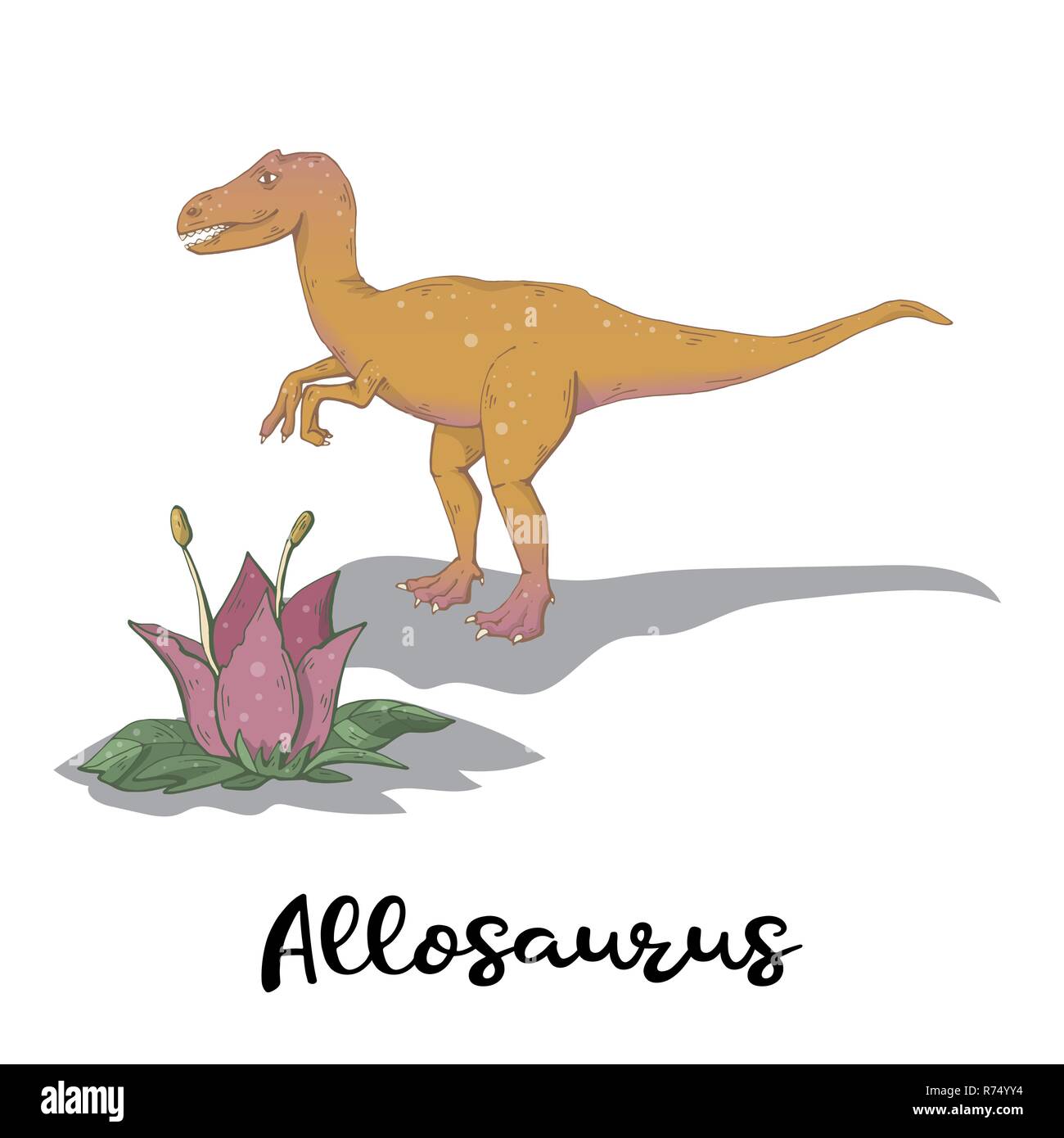 L'Allosaurus vecteur avec plant isolé sur un fond blanc.créature sauvage.Prédateur animal Reptile.période Dinosaure Illustration de Vecteur
