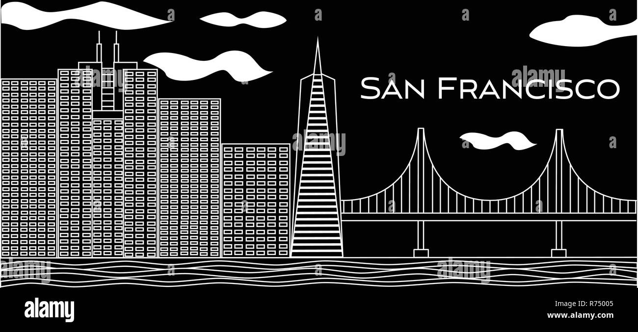 San Francisco lettres blanches. Vecteur de gratte-ciel et le golden gate bridge sur fond noir . Carte postale de voyage. Illustration de Vecteur