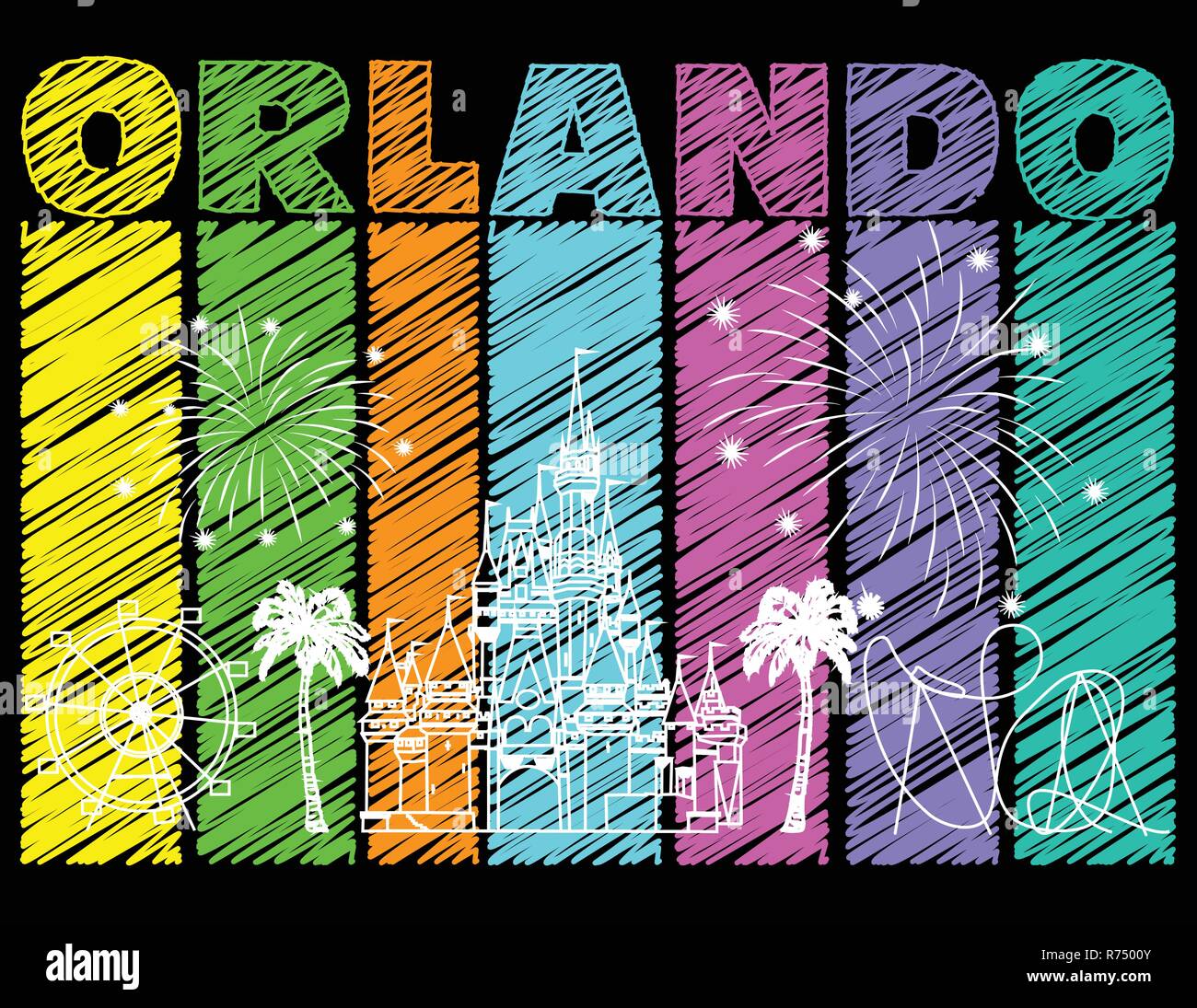 Orlando blanc sur fond coloré design griffonnés. Scénario avec icônes de voyage et d'artifice. Carte postale voyage Illustration de Vecteur