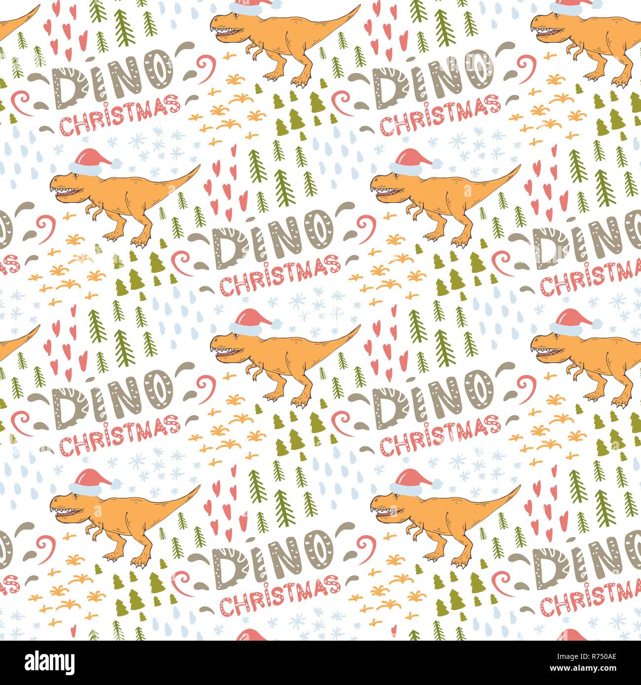 Dino.Vector pattern pattern transparente avec Tyrannosaurus in Santa hat rouge sur un fond blanc.créature sauvage dinosaure prédateur..période Noël Dino.R Illustration de Vecteur