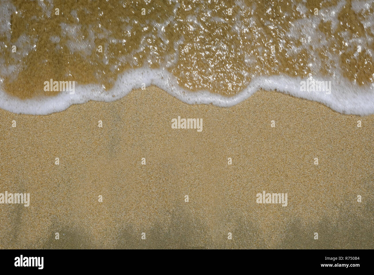 Retrait des vagues sur la plage. Sable compacté et mousseux montre white l'eau de mer. Banque D'Images