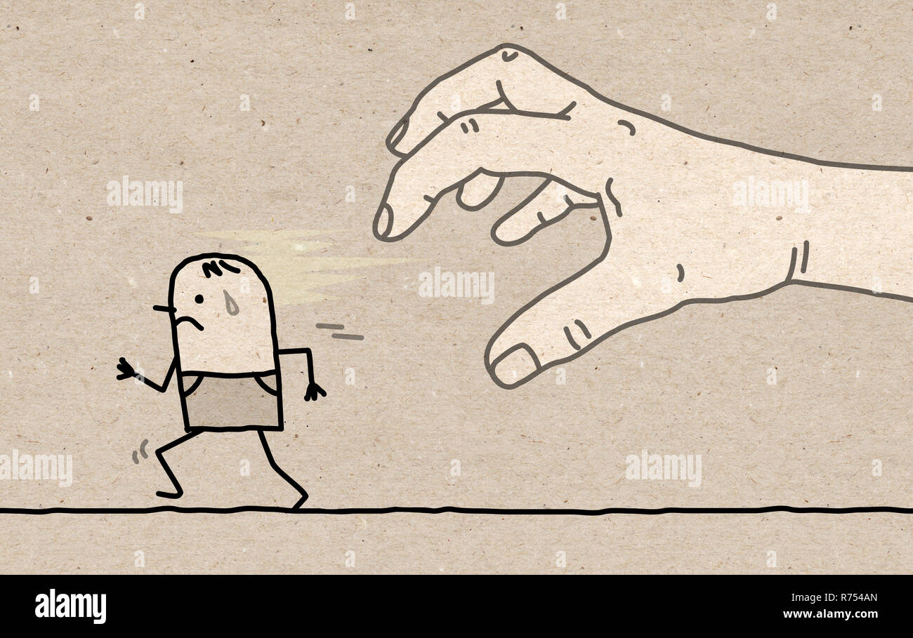 Grande main avec personnage - Prendre et exécutant- illustration sur papier brun texturé Banque D'Images