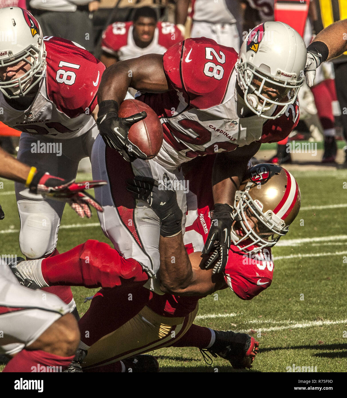 San Francisco, Californie, USA. 13 Oct, 2013. San Francisco 49ers de secondeur Corey Lemonier (96) s'attaque aux Arizona Cardinals running back Rashard Mendenhall (28) le dimanche, Octobre 13, 2013 à San Francisco, Californie. Les 49ers défait les cardinaux 32-20. Crédit : Al Golub/ZUMA/Alamy Fil Live News Banque D'Images