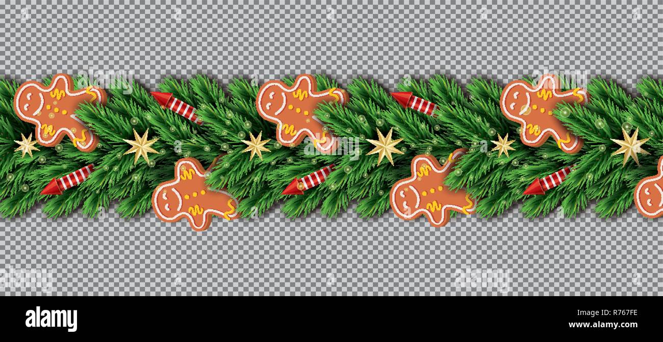 Frontière avec Gingerbread Man, branches d'arbre de Noël, étoiles d'or et rouge sur fond transparent. Vector Illustration. Rameau de sapin frontière. Illustration de Vecteur