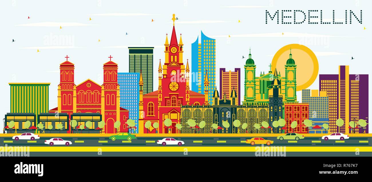 Medellin Colombie Ville avec des bâtiments de couleur et de ciel bleu. Vector Illustration. Les voyages d'affaires et tourisme Concept avec des bâtiments historiques. Illustration de Vecteur