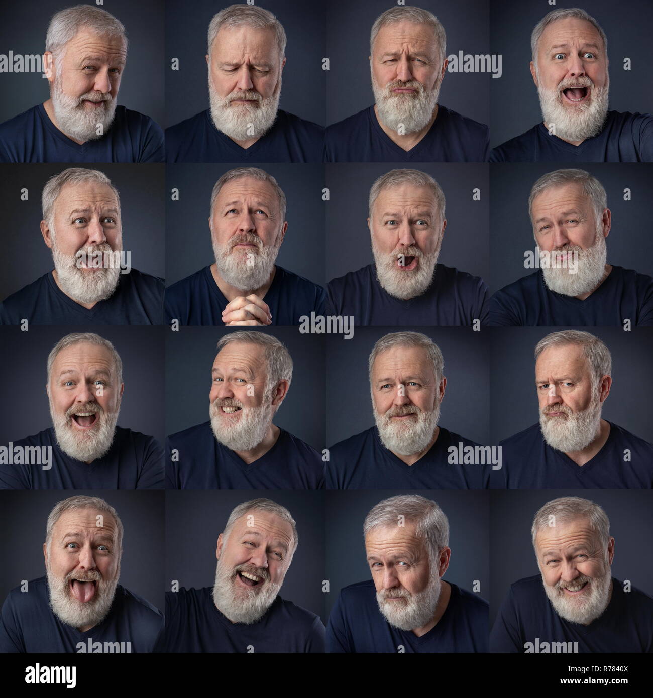 Mosaïque de portraits vieil homme avec barbe grise exprimant différentes émotions Banque D'Images