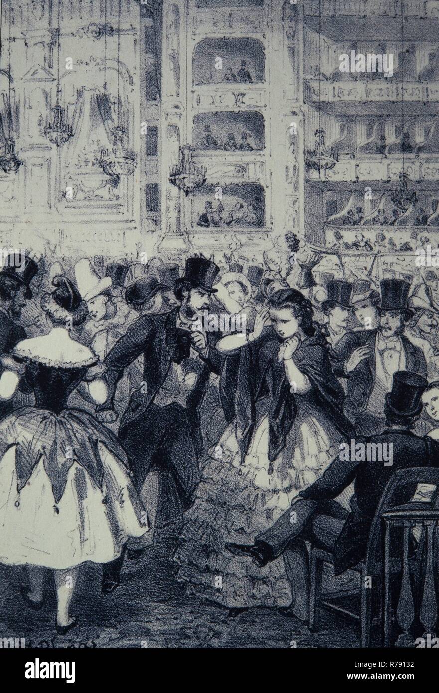 Baile en el Teatro Liceo de Barcelone. La gravure. Siglo XIX. Banque D'Images