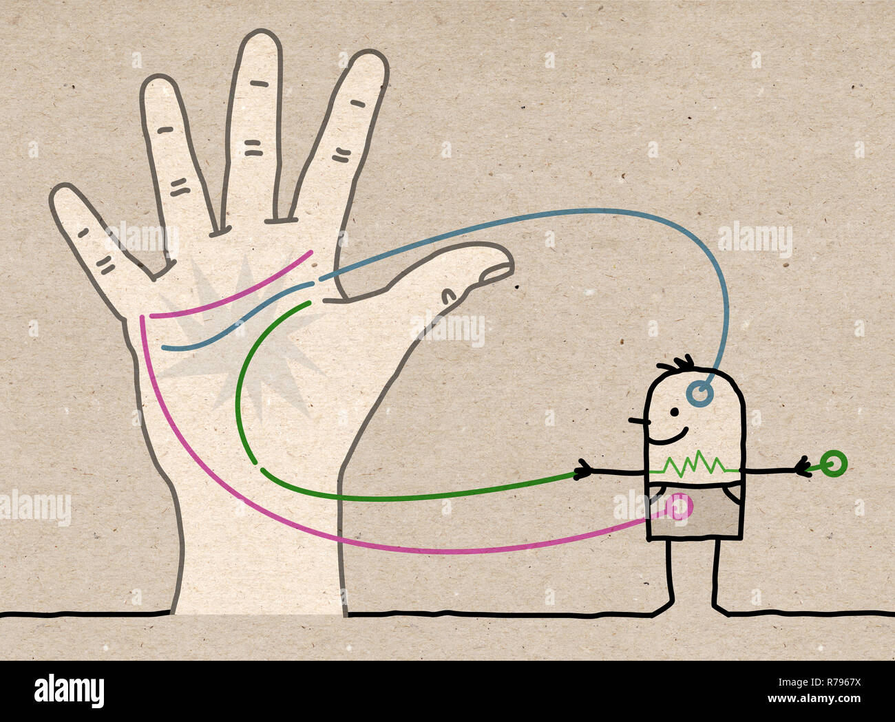 Grande main avec personnage - Cœur, la tête et les lignes de vie- illustration sur papier brun texturé Banque D'Images