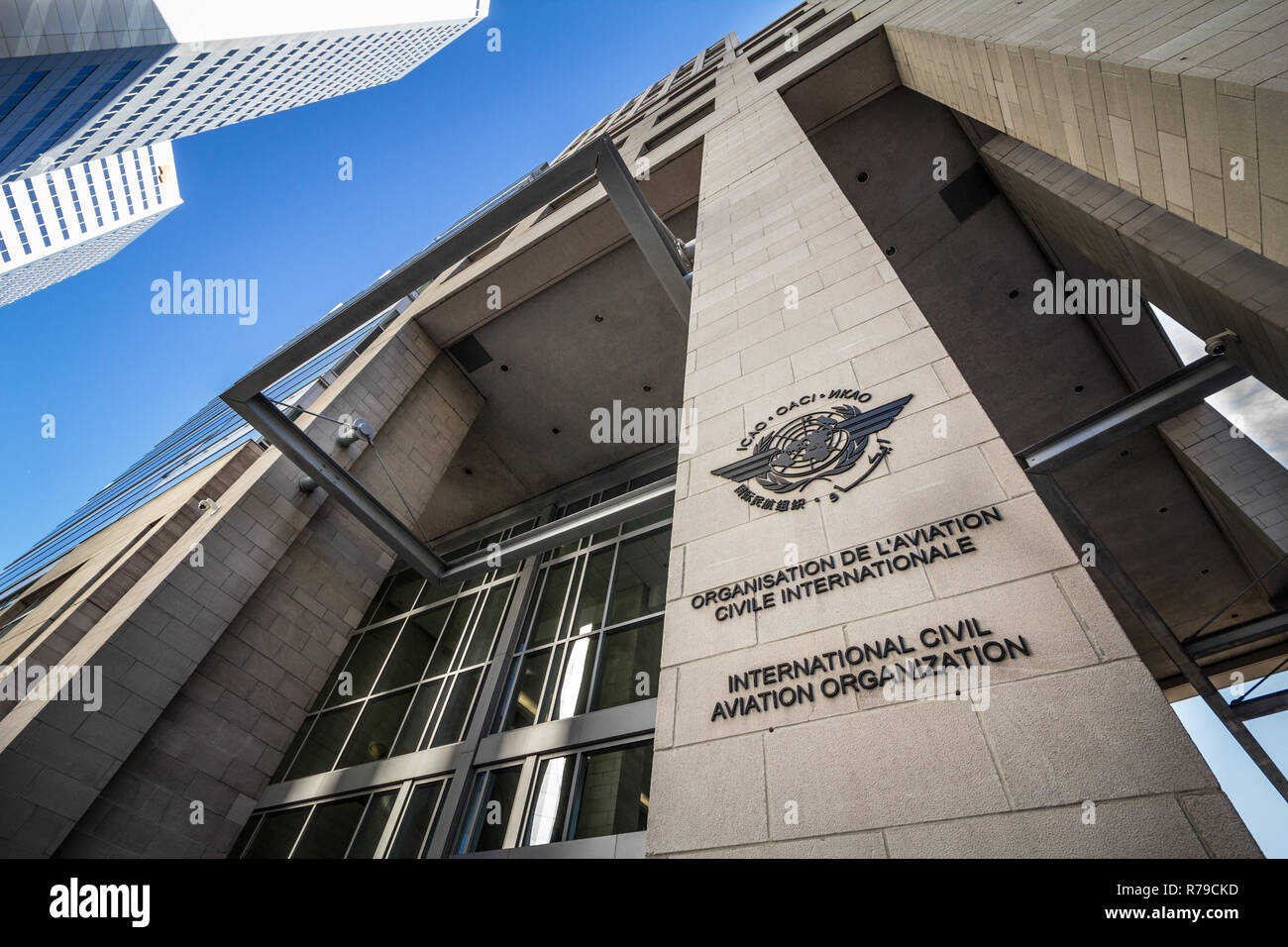 Montréal, Canada - le 4 novembre 2018 : Le logo de l'organisation de l'aviation civile internationale, heaquarters sur leur bureau. Également appelé OACI, c'est l'ONU Banque D'Images