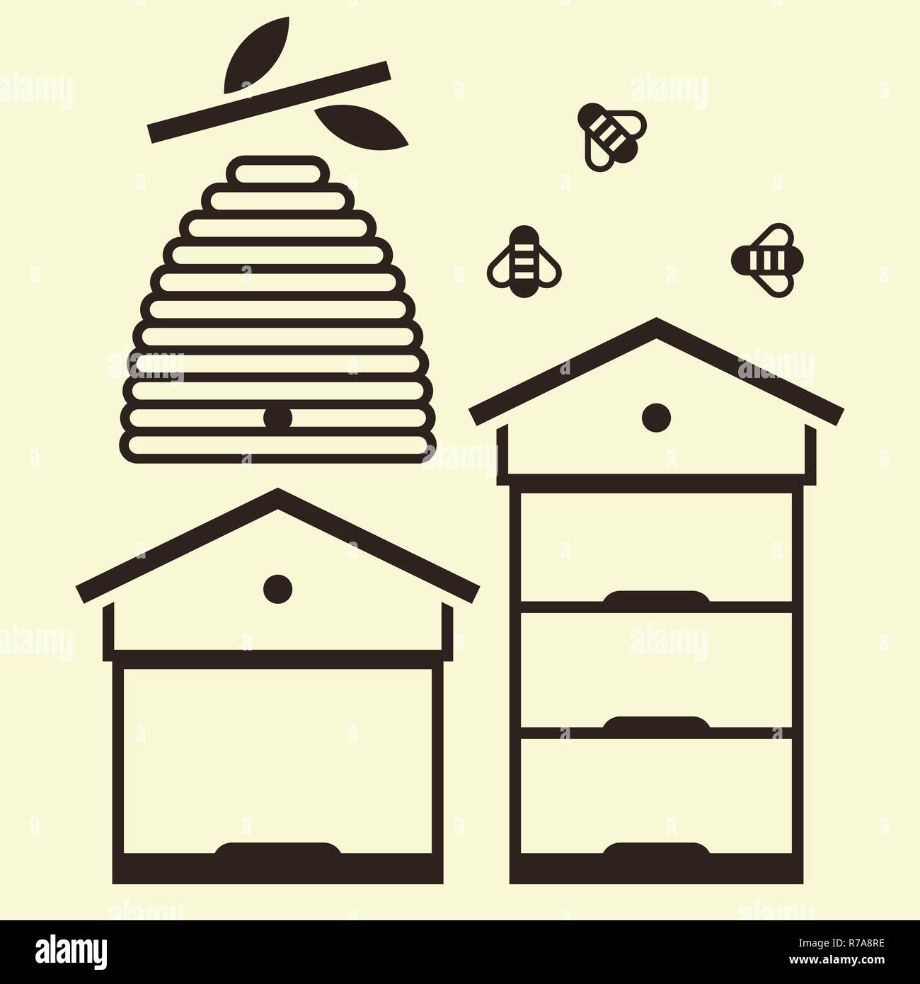Des ruches et des abeilles. Symbole de l'apiculture Banque D'Images