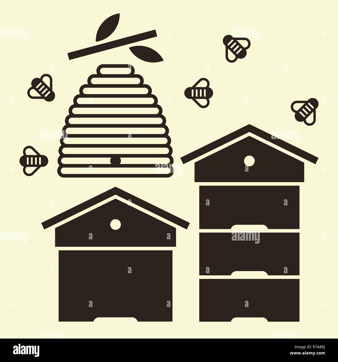 Des ruches et des abeilles. Symbole de l'apiculture Banque D'Images