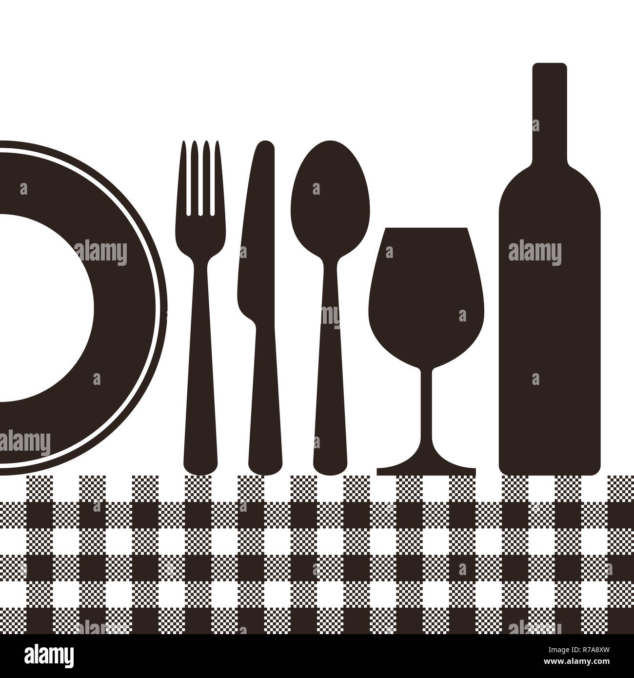 Bouteille, verre, assiette, couteau, fourchette, cuillère et motif nappe isolé sur fond blanc Banque D'Images