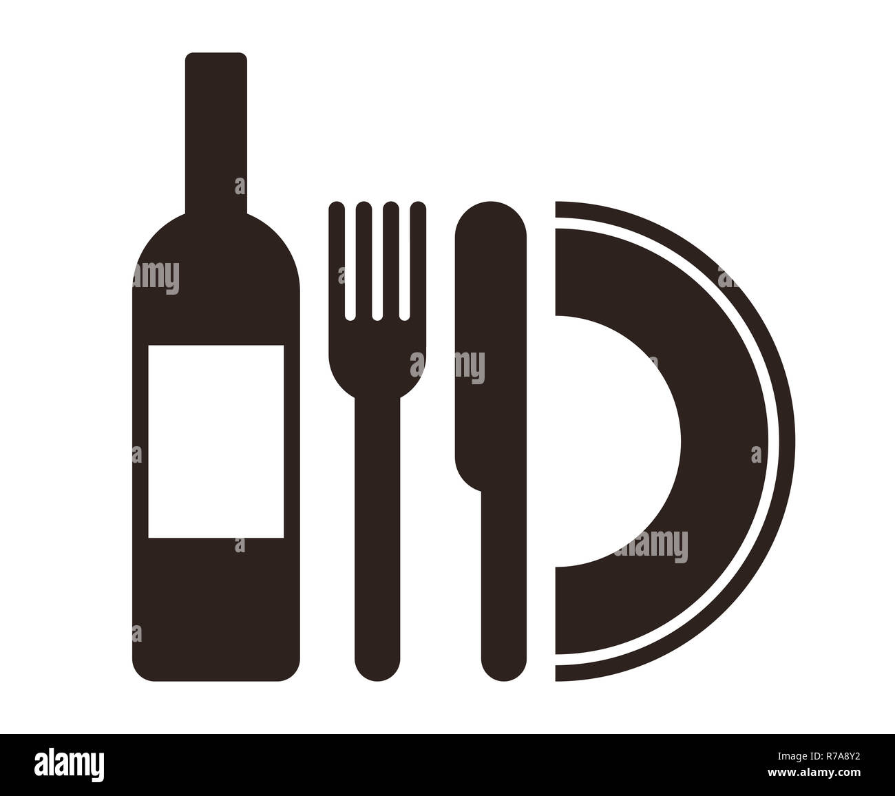 Bouteille, assiette, couteau et fourchette isolé sur fond blanc Banque D'Images