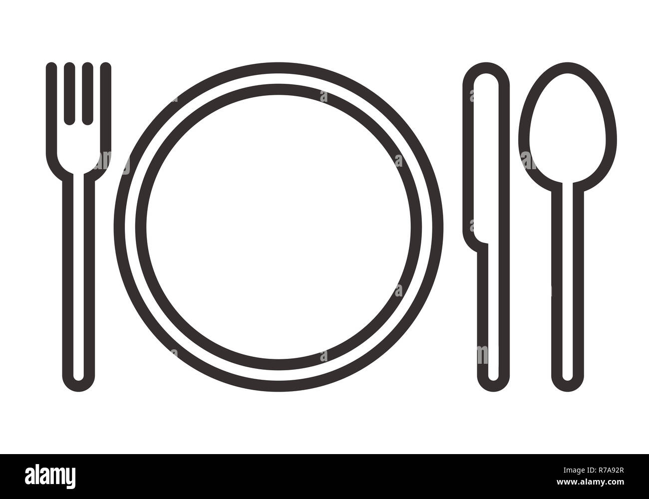 Assiette, fourchette, couteau et cuillère signe isolé sur fond blanc Banque D'Images