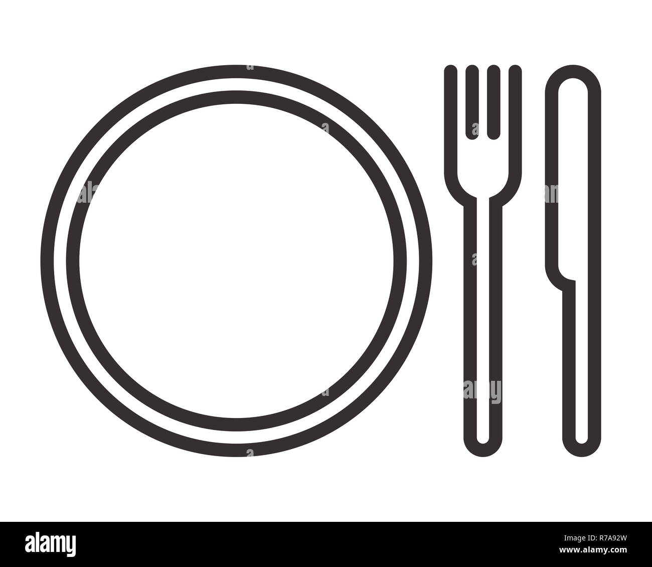 Assiette, couteau et fourchette signer isolé sur fond blanc Banque D'Images