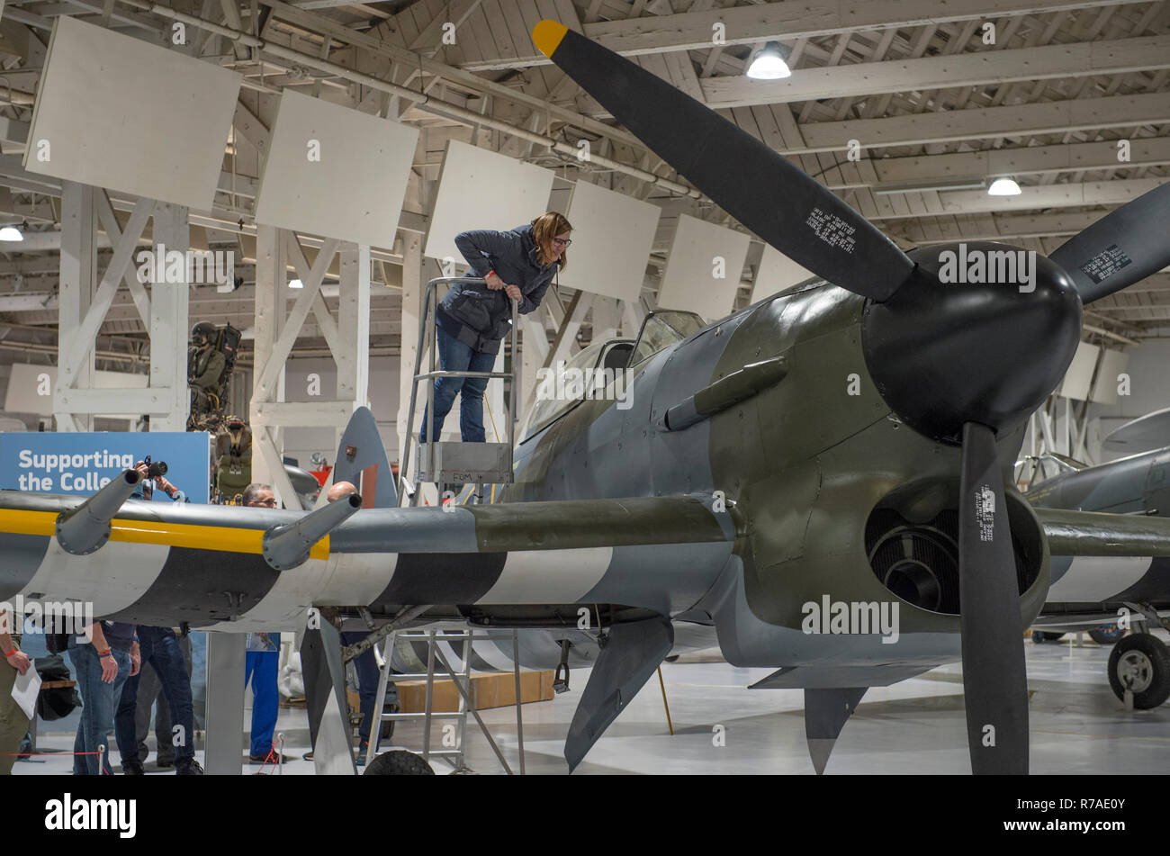 RAF Museum, Londres, Royaume-Uni. 8 Décembre, 2018. Pour célébrer les 100 ans depuis la formation de la RAF, RAF Museum London offrent aux visiteurs la dernière possibilité d'examiner plus à l'intérieur de 14 postes de pilotage et les véhicules de la collection du Musée de la RAF, y compris d'un Hawker Hurricane, Hawker Typhoon (photo), Libérateur, Stuka et Bristol Beaufort. Credit : Malcolm Park/Alamy Live News. Banque D'Images