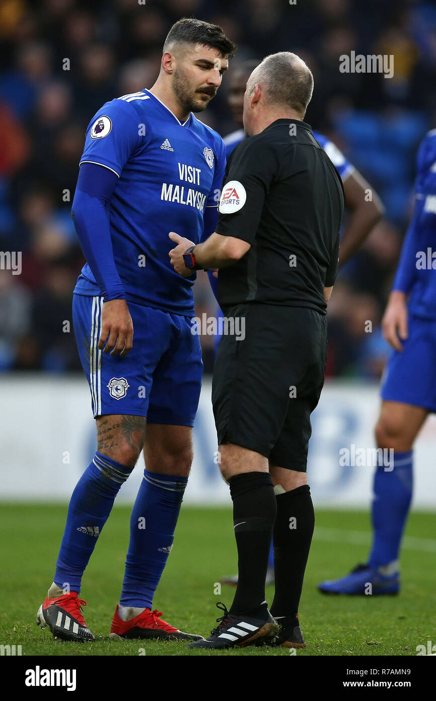 Cardiff, Royaume-Uni. 8e Dec 2018. Callum Paterson de Cardiff City parle à l'arbitre Jonathan Moss. Premier League match, Cardiff City v Southampton au Cardiff City Stadium le samedi 8 décembre 2018. Cette image ne peut être utilisé qu'à des fins rédactionnelles. Usage éditorial uniquement, licence requise pour un usage commercial. Aucune utilisation de pari, de jeux ou d'un seul club/ligue/dvd publications. Photos par Andrew Andrew/Verger Verger la photographie de sport/Alamy live news Banque D'Images