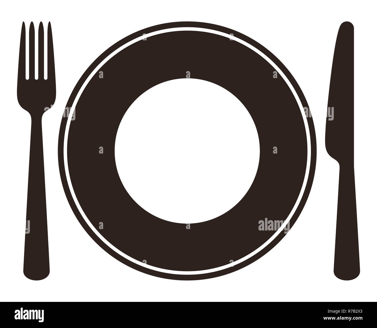Assiette, couteau, fourchette et cuillère isolé sur fond blanc Banque D'Images