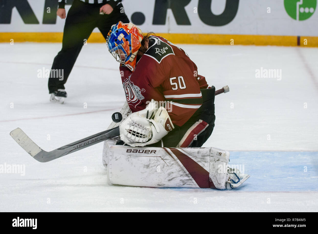 07.12.2018. RIGA, Lettonie. Ligue de hockey de l'équipe (KHL) saison 2018/2019 Dinamo Riga jeu vs Salavat. Banque D'Images