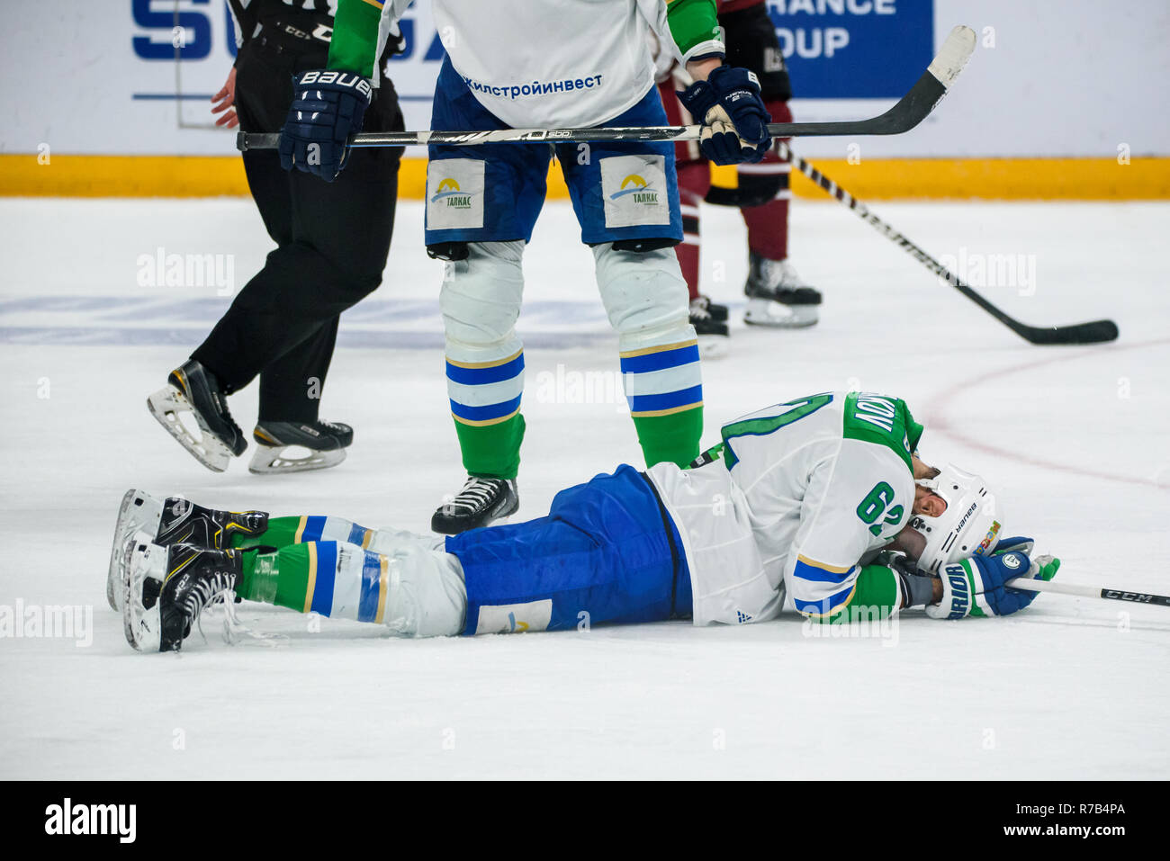 07.12.2018. RIGA, Lettonie. Ligue de hockey de l'équipe (KHL) saison 2018/2019 Dinamo Riga jeu vs Salavat. Banque D'Images