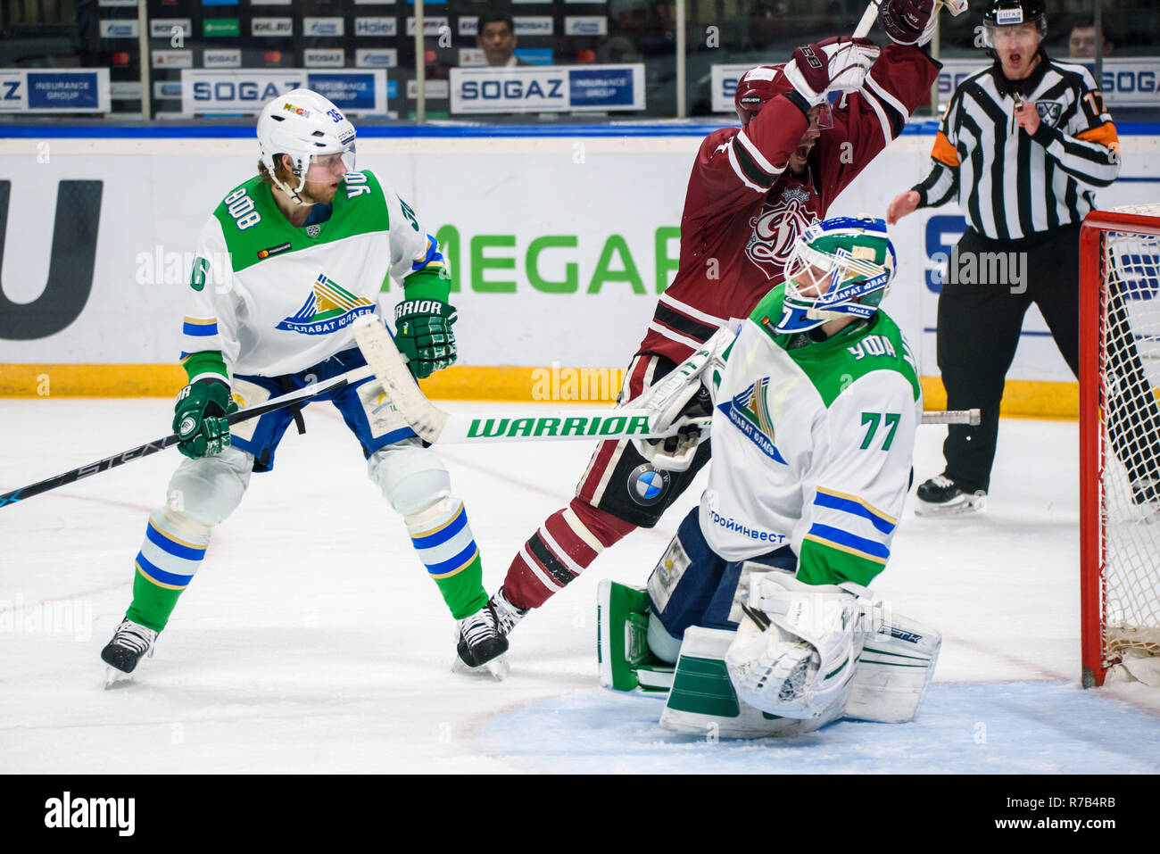 07.12.2018. RIGA, Lettonie. Ligue de hockey de l'équipe (KHL) saison 2018/2019 Dinamo Riga jeu vs Salavat. Banque D'Images