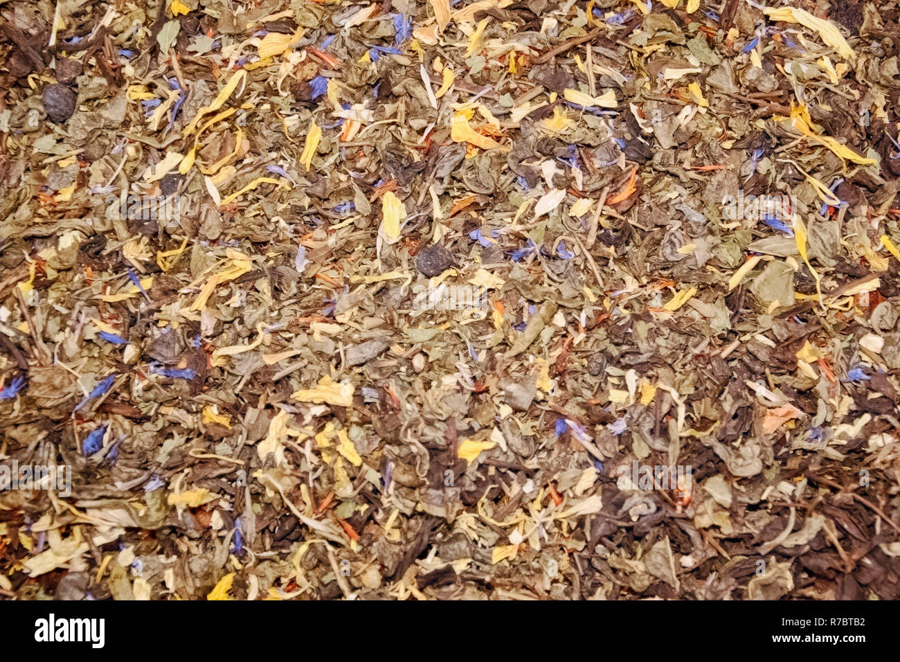 Noir Thé longues feuilles avec fruits framboise, feuilles de blackberry et un bleuet bleu sur un compteur dans le marché un fond plateau Banque D'Images