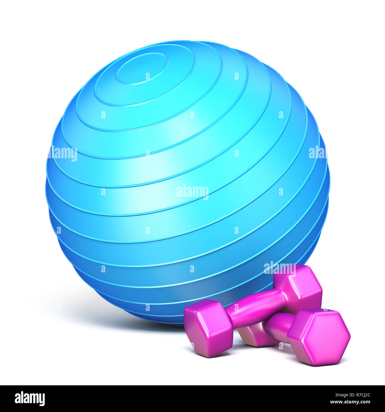 Fitness ball bleu et rose de rendu 3D poids illustration isolé sur fond blanc Banque D'Images