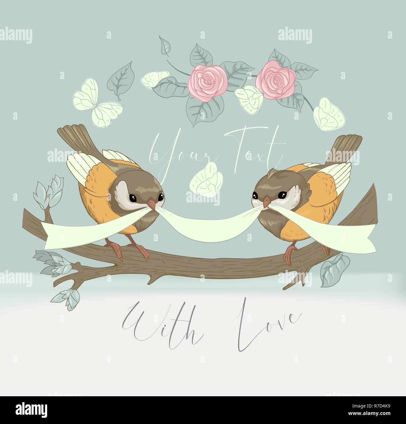 Couple d'oiseaux Cute Card Vintage avec fleur. Joyeux anniversaire belle bannière circulaire de Vœux. Vector Cartoon Illustration Invitation Parti Illustration de Vecteur