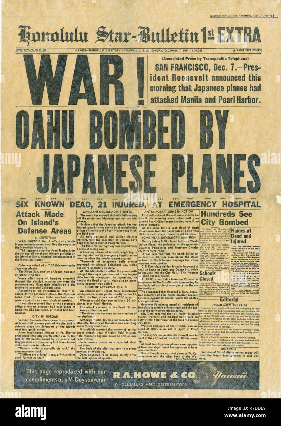 Le Honolulu Star Bulletin Gros Titre De Journal De Guerre A Annonce Le Jour De L