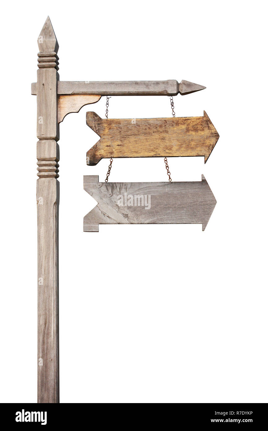 Pancarte en bois avec deux flèches en bois. Objet isolé sur fond blanc Banque D'Images