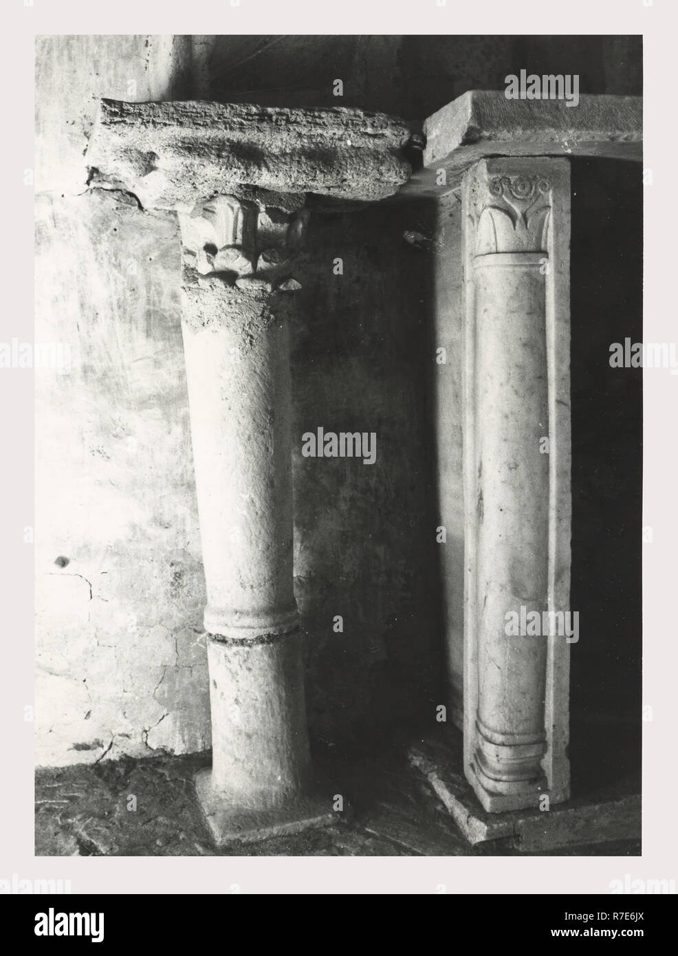 Lazio Rome Sant'Oreste S. Silvestro, c'est mon l'Italie, l'Italie Pays de l'histoire visuelle, 6e siècle, l'église médiévale avec la structure originale et certains cadre carolingien en grande partie intacte partiellement en ruines, des colonnes, autel sculpté fresques et chapiteaux Banque D'Images