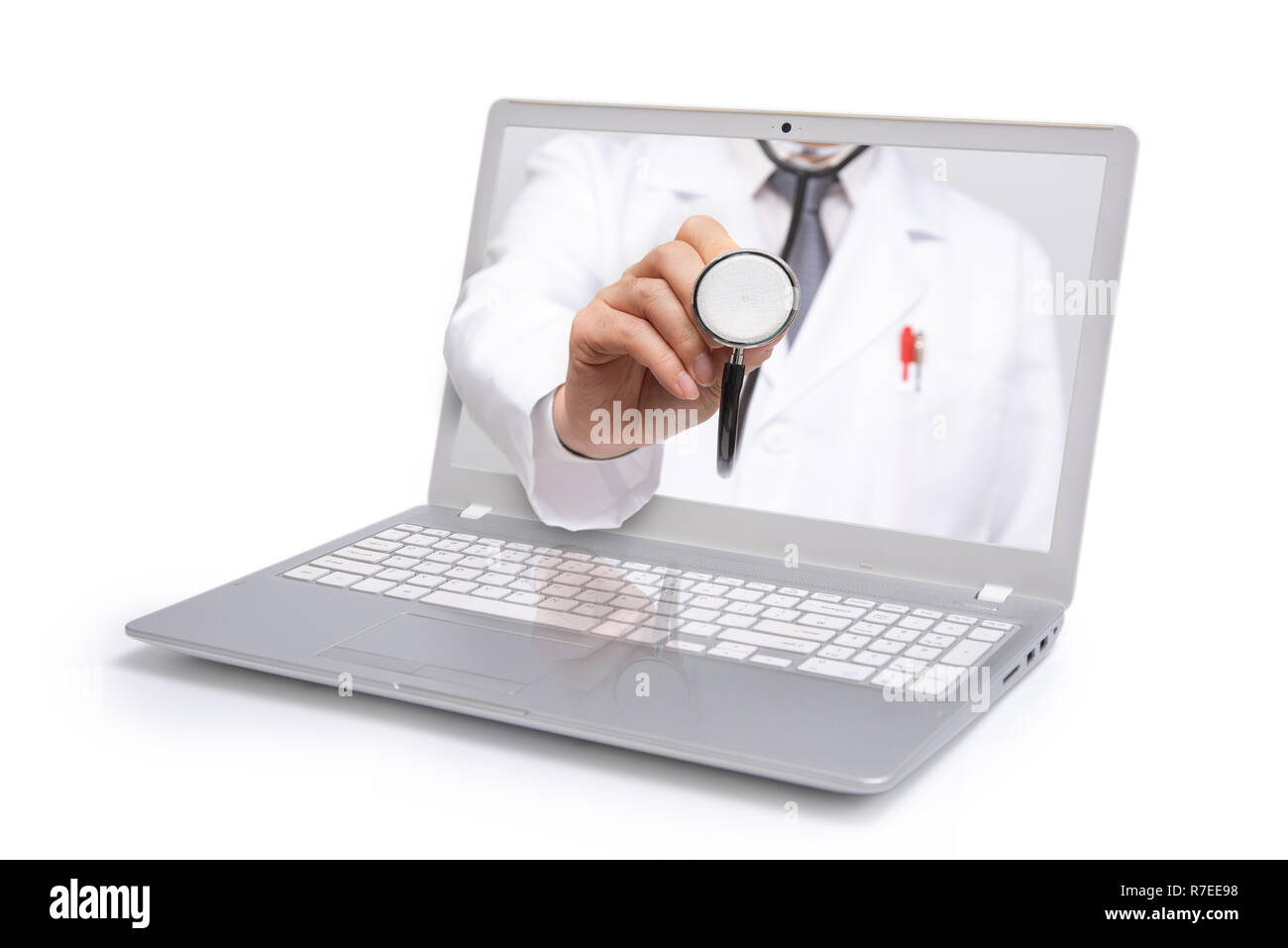 Concept de télémédecine. Médecin avec un stéthoscope sur l'ordinateur de l'écran du portable. Banque D'Images