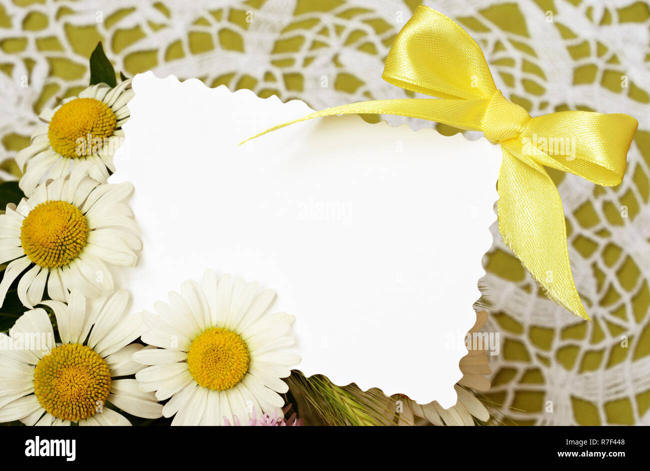 Bouquet de marguerites avec une carte sur fond de crochet Banque D'Images