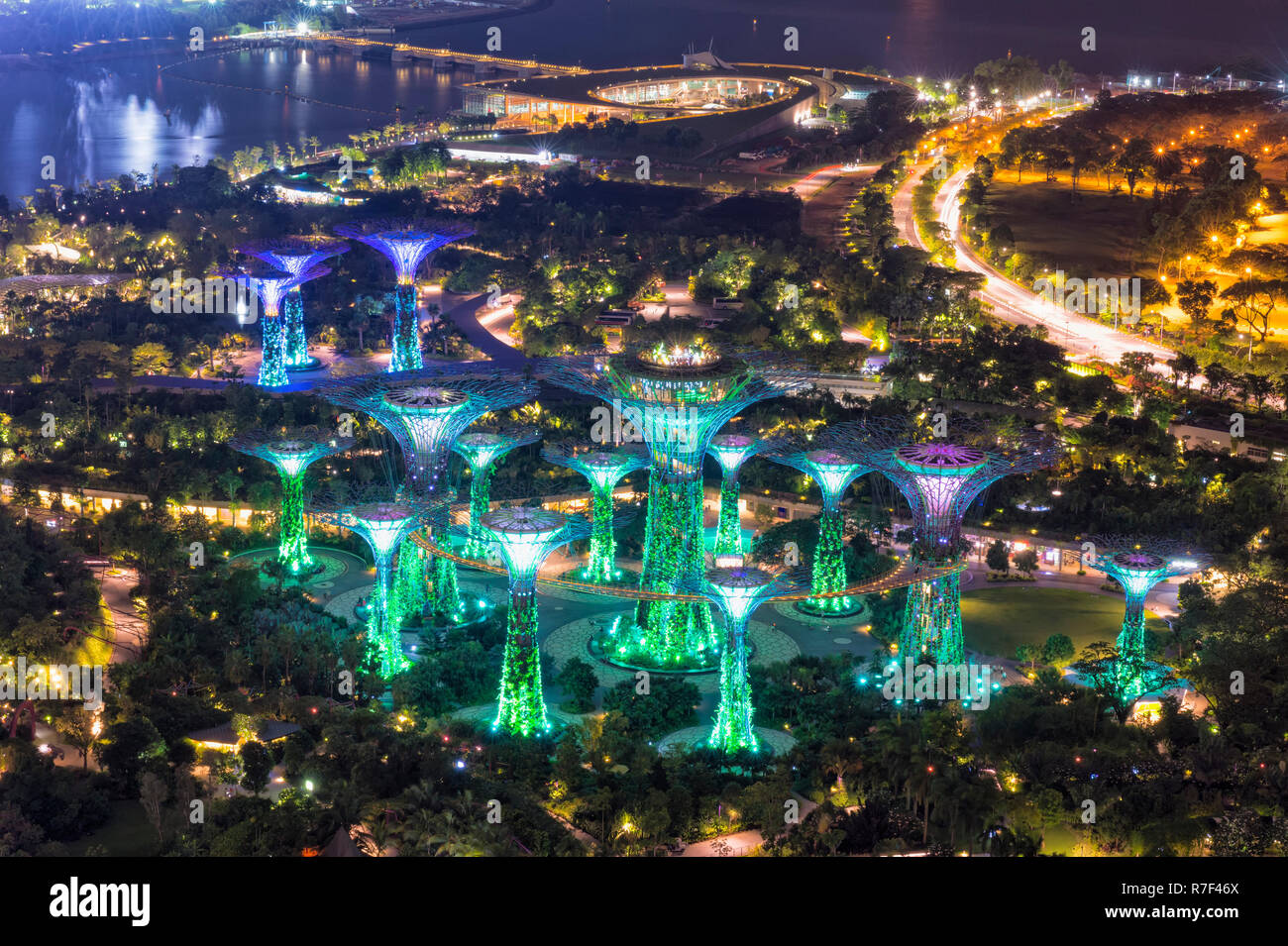 L'Supertree Grove, jardins de la baie à la nuit, à Singapour Banque D'Images