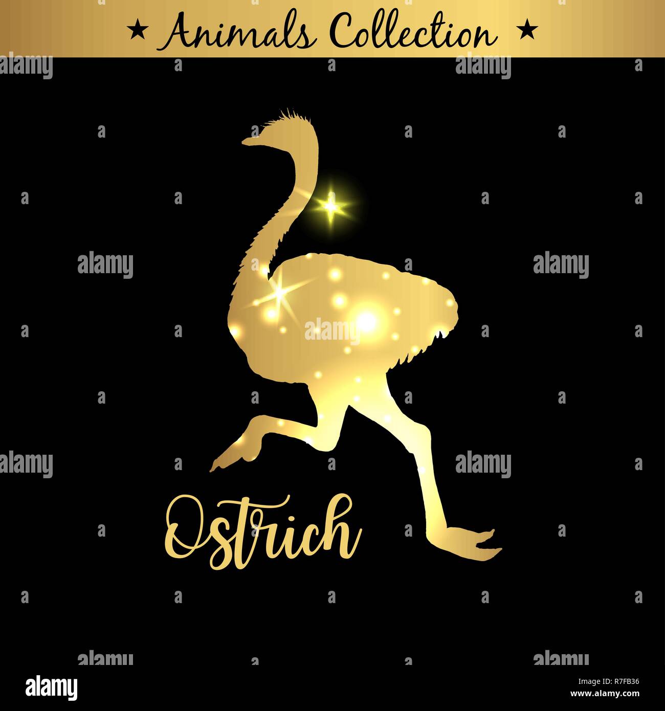 Golden vintage isolés et royal emblème de chameau ou d'Autruche ferme-oiseau animal. Les frais et savoureux de la viande. Marché des produits de la boucherie. Silhouette d'or avec des lumières et de lettrage. Illustration de Vecteur