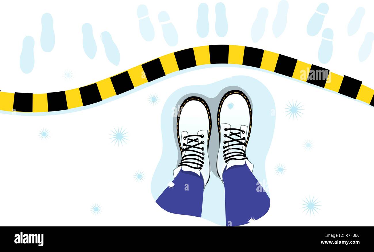 Vector illustration de la vue de dessus de la femelle les jambes, bottes sur la neige, stripe, empreintes de pas. Le concept psychologique de limites personnelles Illustration de Vecteur