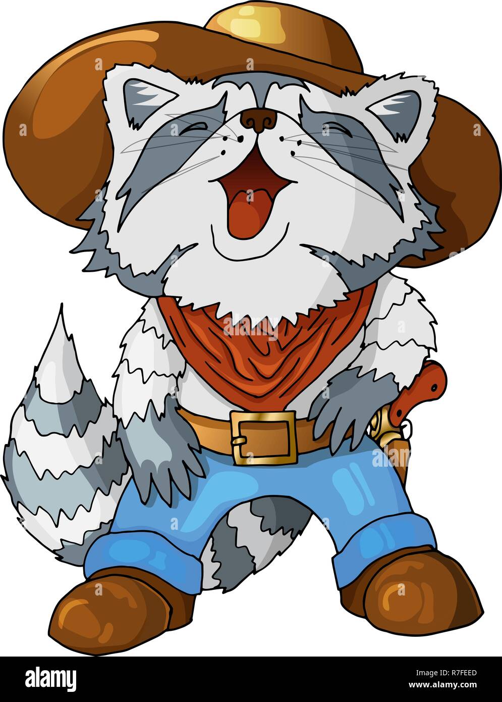 Cartoon caractères couleur american cowboy rire raccoon isolated on white Illustration de Vecteur